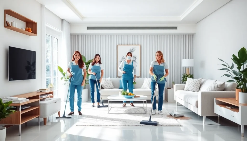 Efficient cleaning service team working in a stylish home, ensuring a spotless environment.