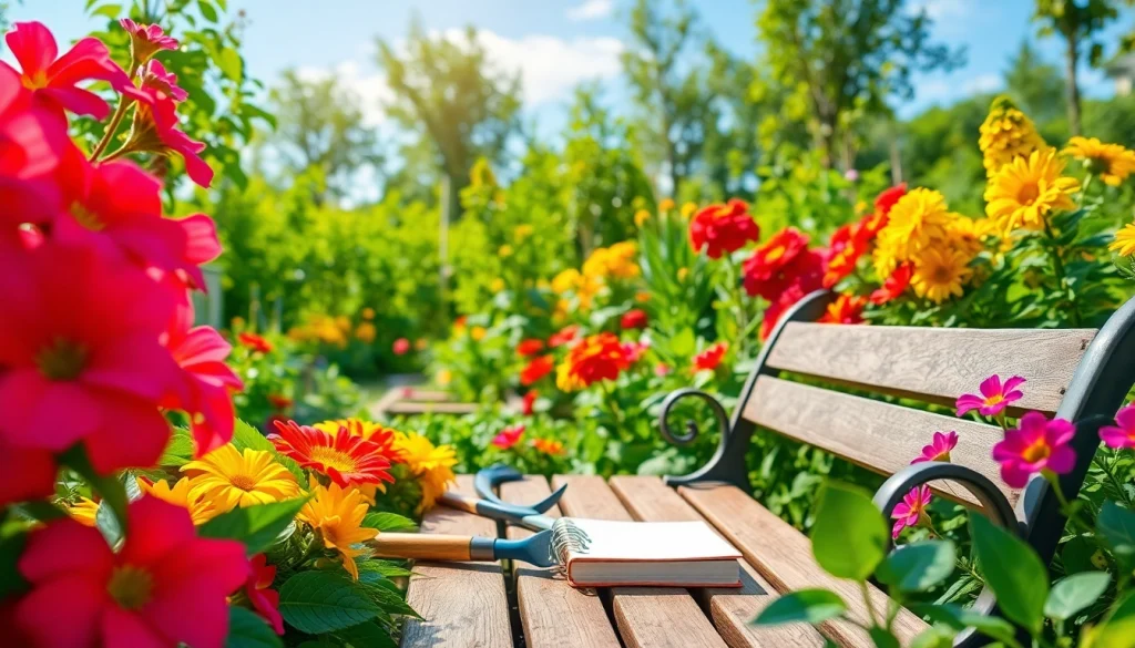 Gardening scene featuring diverse plants and flowers in a vibrant outdoor setting