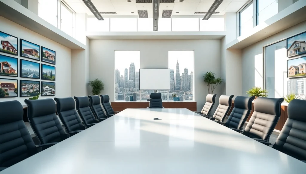 Showcasing Real Estate office interior with a modern design and bright natural lighting.