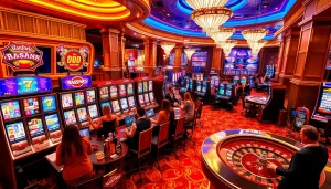Experience the thrill of doaslot gaming at luxurious casino tables with vibrant slot machines.