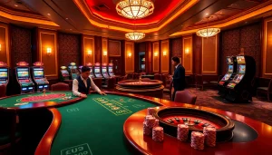 Experience the thrill of betting at MM88 in a vibrant casino scene with dealers and slot machines.