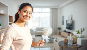 Cleaning service professionals diligently cleaning a bright, spacious home with care and efficiency.