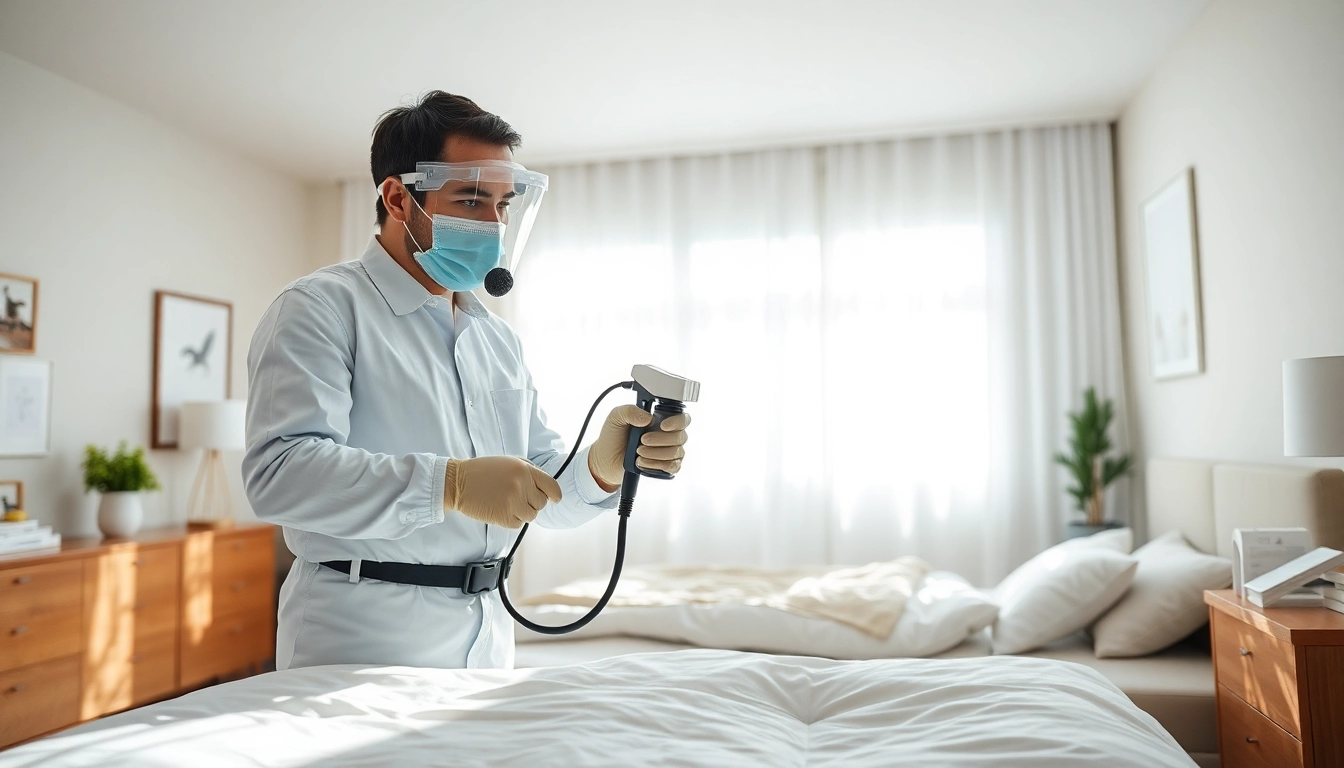 Exterminator at https://affordablebedbugexterminators.com applying treatment in a clean bedroom.