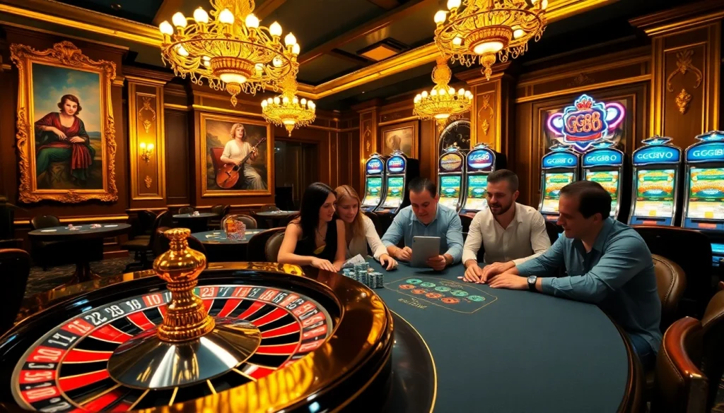 Exciting casino scene featuring GG88 branding and players at an intense poker table.