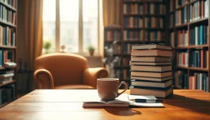 Engaging workspace showcasing https://csduncanbooks.com creative writing atmosphere with books and coffee.