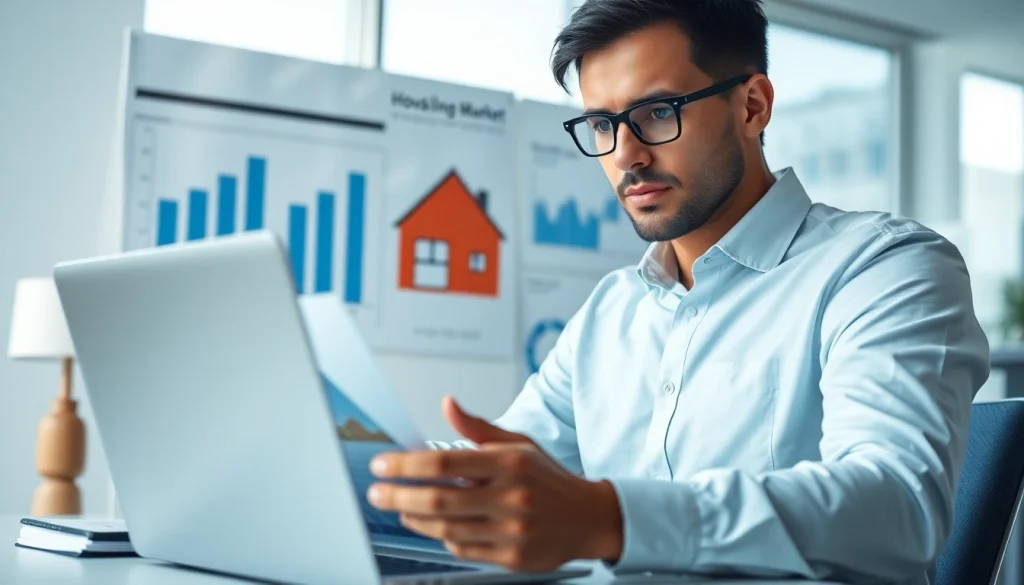 Real Estate agent analyzes housing market trends with modern tools in a professional setting.