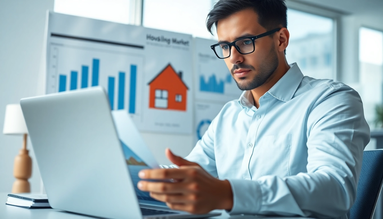Real Estate agent analyzes housing market trends with modern tools in a professional setting.
