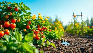 Gardening scene with vibrant vegetables and flowers, showcasing gardening tools on a rustic bench.