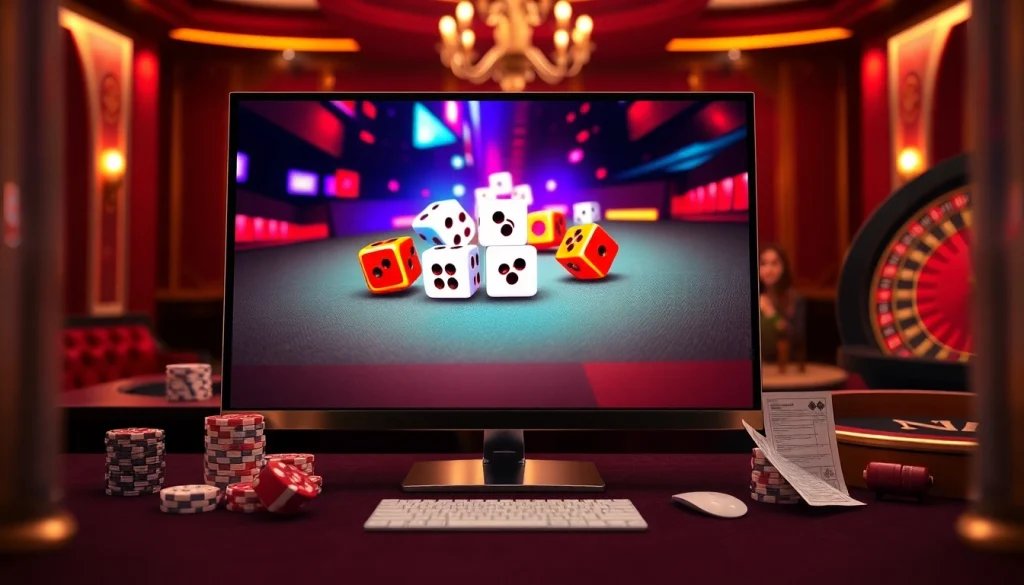 Experience the excitement of tài xỉu md5 through a vibrant online gambling interface with dice and poker chips.