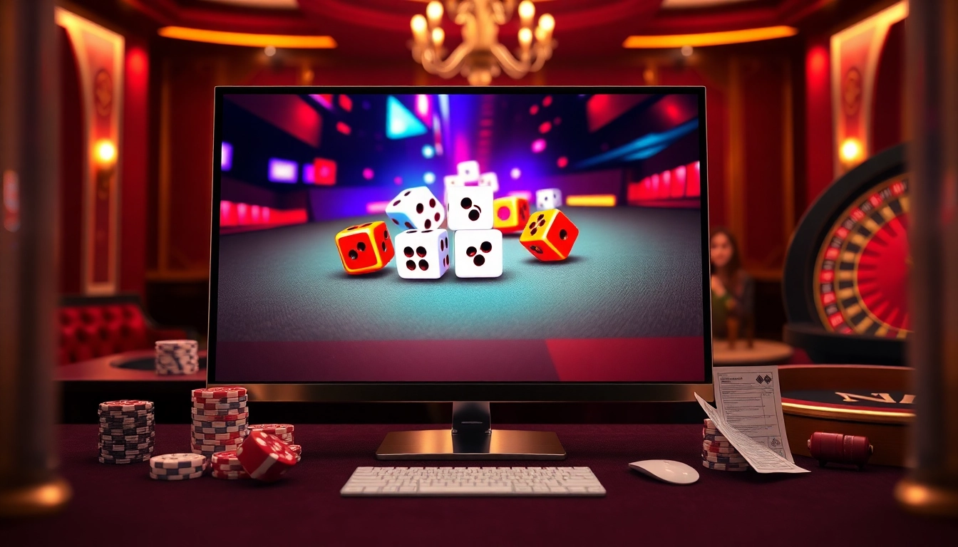 Experience the excitement of tài xỉu md5 through a vibrant online gambling interface with dice and poker chips.