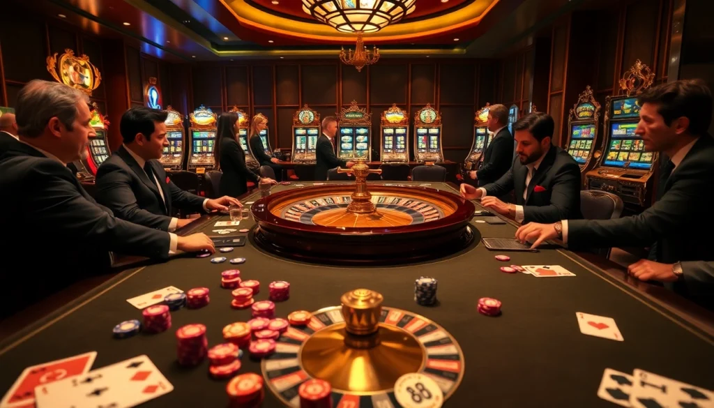 Professional gamblers enjoying a vibrant HM88 roulette game at a luxury casino.