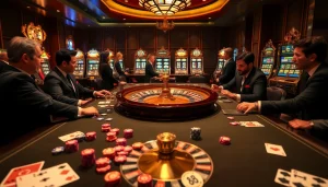 Professional gamblers enjoying a vibrant HM88 roulette game at a luxury casino.