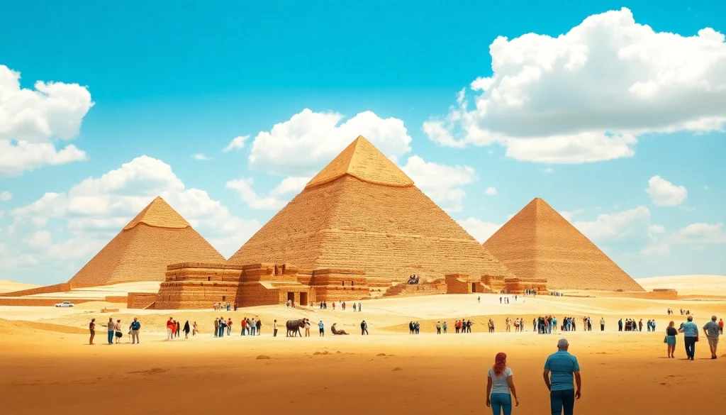 Visit https://emegypt.net to witness the magnificent Pyramids of Giza against a vibrant blue sky.