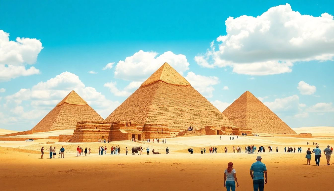 Visit https://emegypt.net to witness the magnificent Pyramids of Giza against a vibrant blue sky.