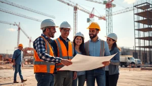 Showcasing a construction association north carolina teamwork at a sunny job site with diverse workers and cranes.