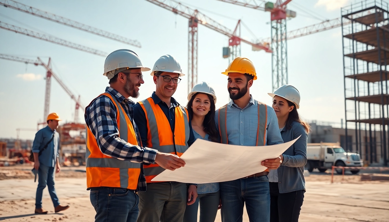 Showcasing a construction association north carolina teamwork at a sunny job site with diverse workers and cranes.