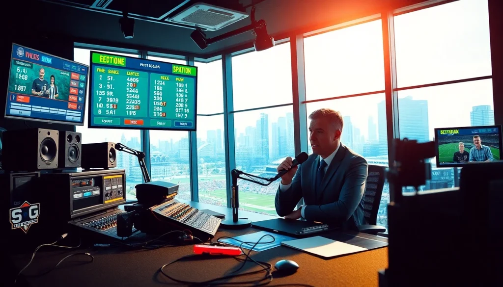 Engaging sports radio studio scene highlighting https://sportnation.nz, featuring a dynamic host and live updates.