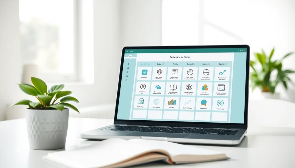 Find AI with AI using a modern laptop showcasing various AI tools in a bright workspace.
