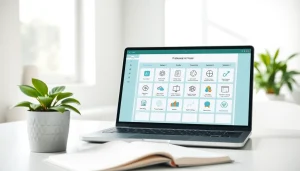 Find AI with AI using a modern laptop showcasing various AI tools in a bright workspace.