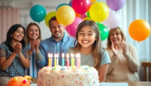 Celebrate birthday wishes for sister with a joyful celebration scene featuring cake and family cheer.