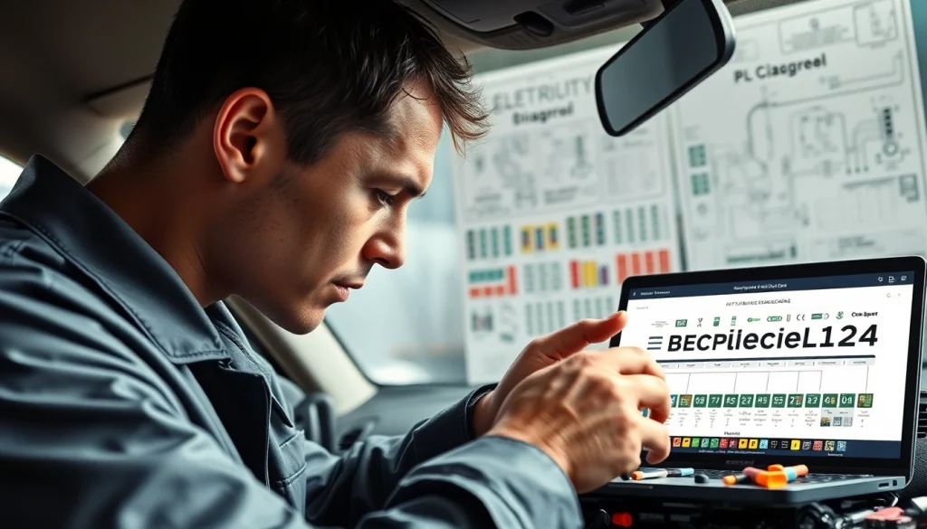Automotive technician examining vehicle fuses at https://bezpieczniki24.pl with tools and diagrams.