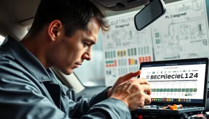Automotive technician examining vehicle fuses at https://bezpieczniki24.pl with tools and diagrams.
