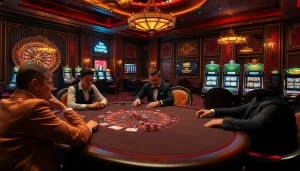 High-stakes poker game at a luxurious casino with w88 branding, showcasing intense gameplay and rich decor.