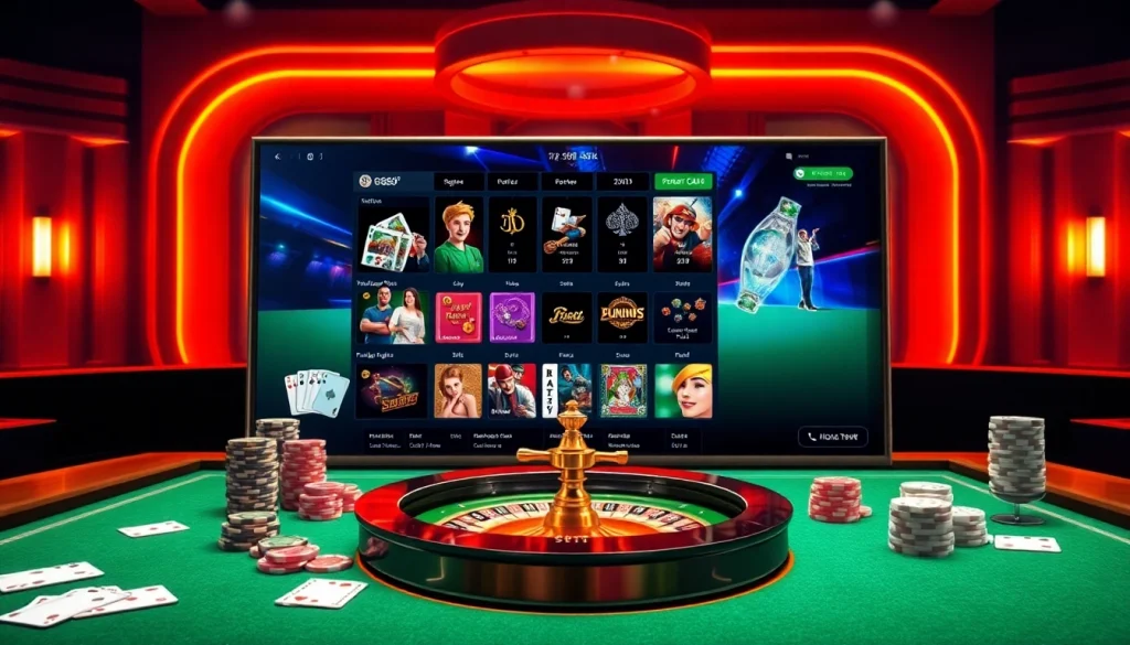 Engaging gameplay experience at Nhà cái GG88 with vibrant casino elements like poker chips and slot machines.
