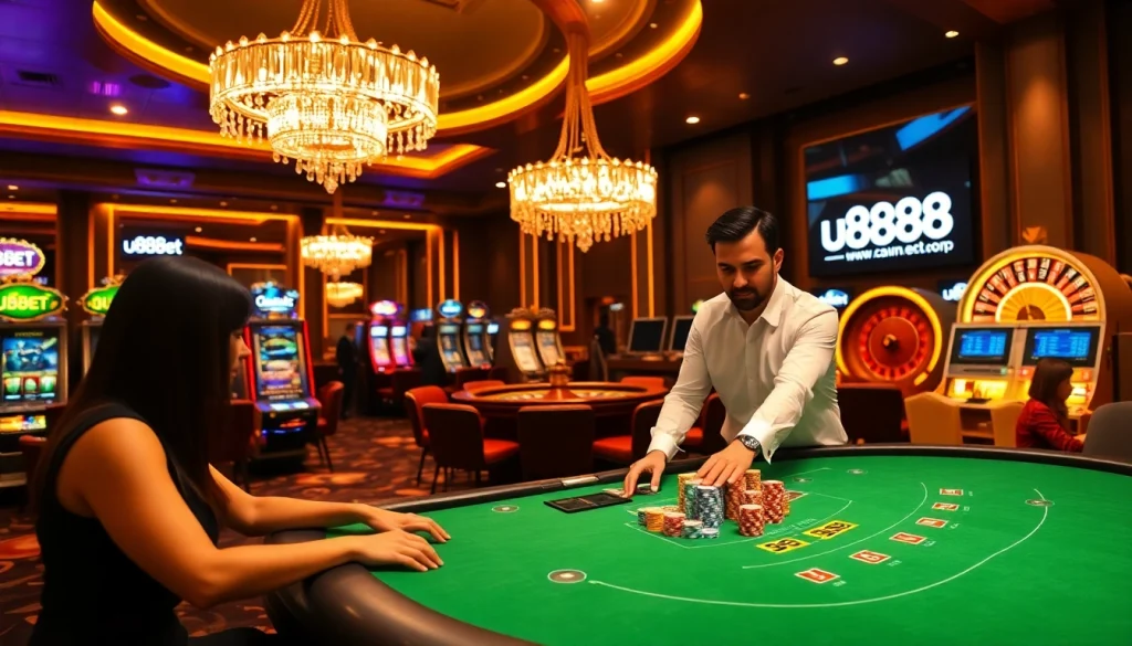 Players engaging in an exciting game at the u888bet casino table adorned with vibrant poker chips.