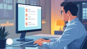 Validation d'email en ligne: professionnel vérifiant des adresses email sur un ordinateur, ambiance lumineuse.