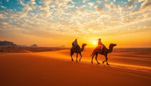 Camel ride Marrakech adventure through Agafay Desert at sunset, showcasing travelers and stunning landscape.