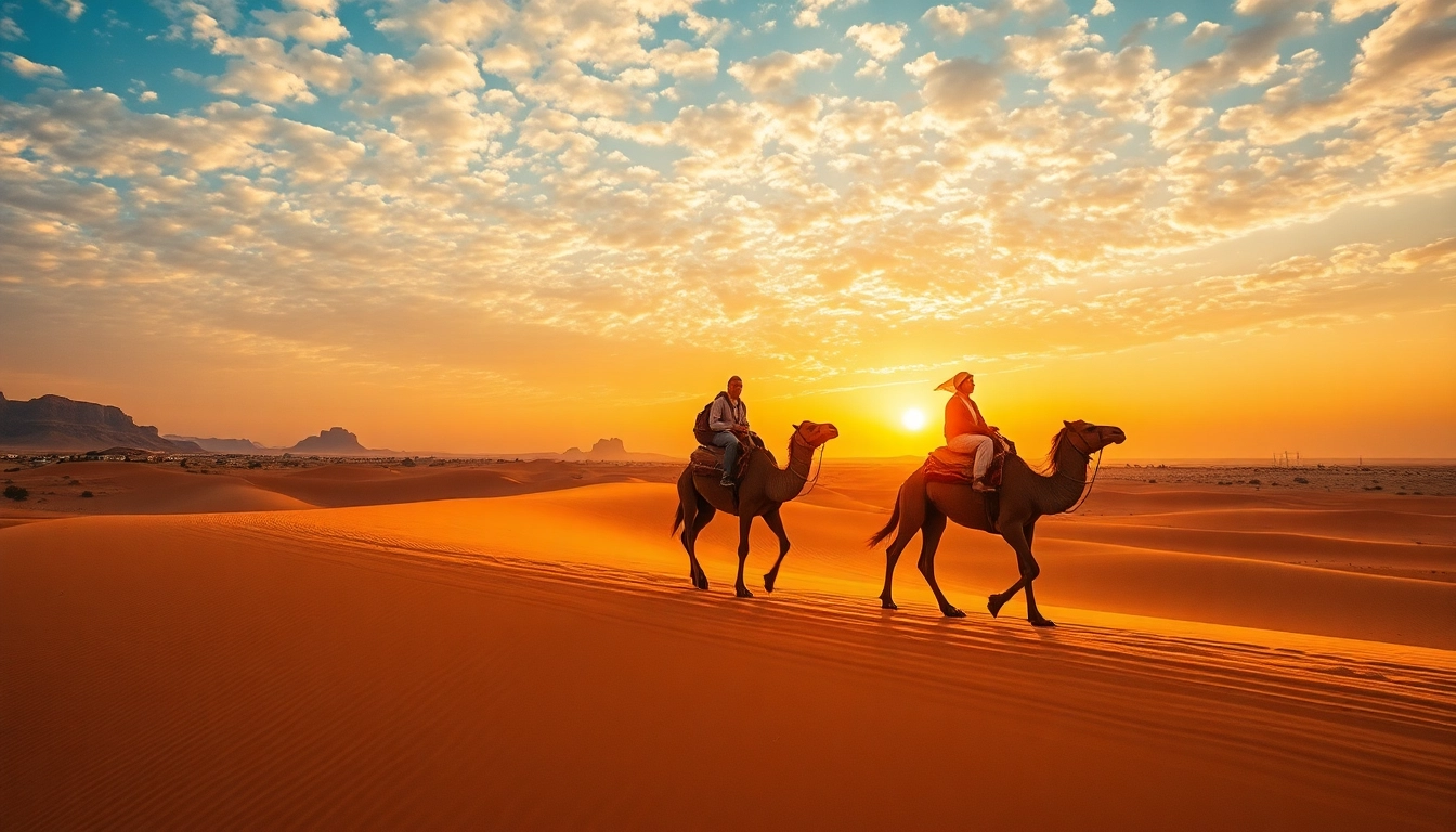 Camel ride Marrakech adventure through Agafay Desert at sunset, showcasing travelers and stunning landscape.