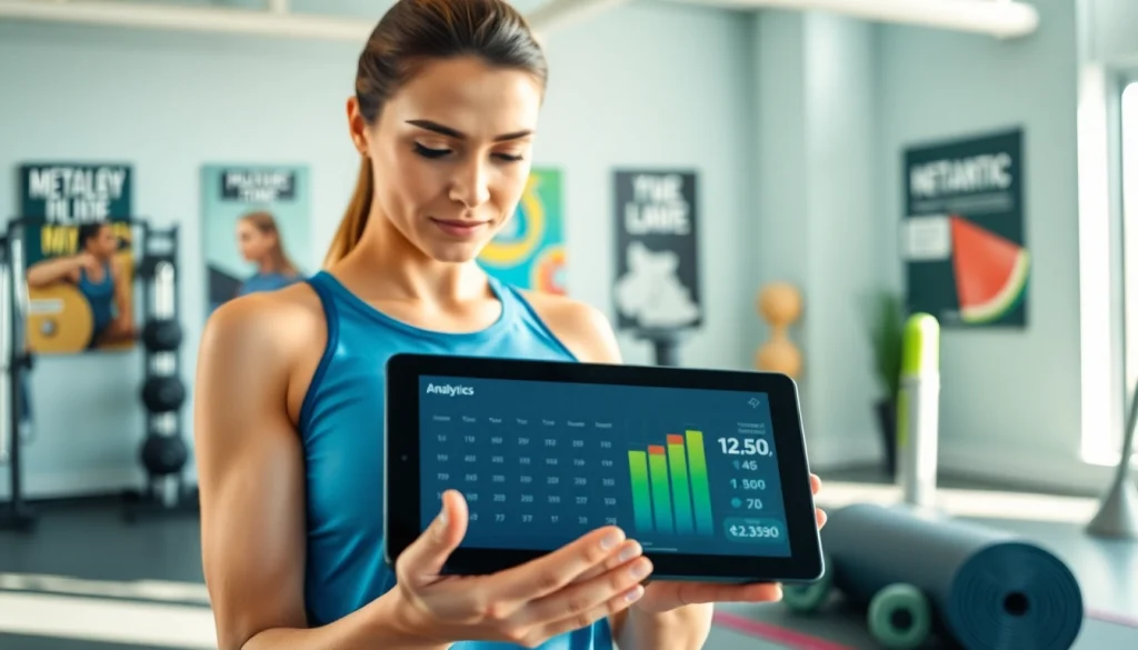 Calculate metabolic age calculator results using a modern digital device in an energetic gym.