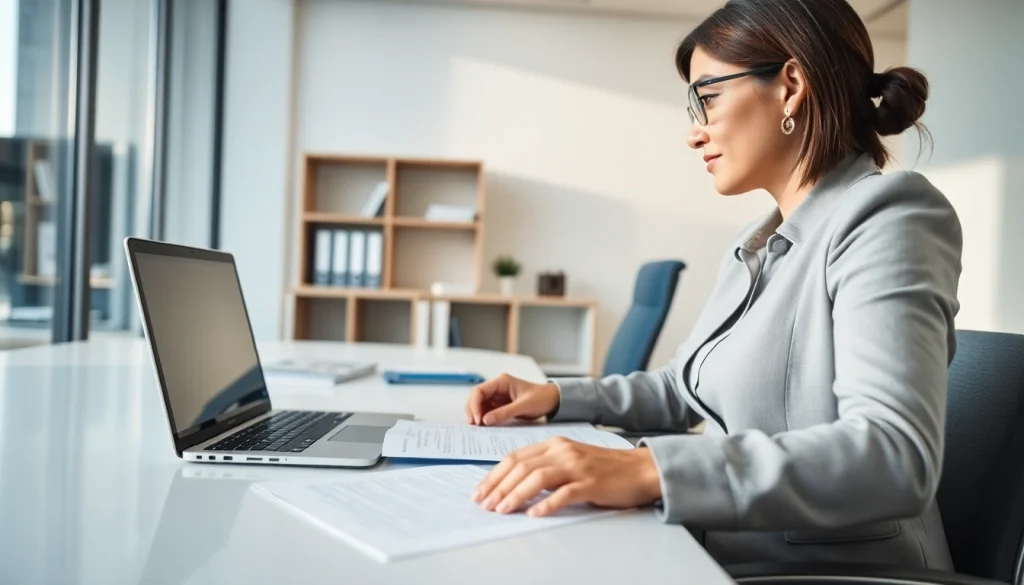 Sworn translator at work, delivering certified translations in a modern office.