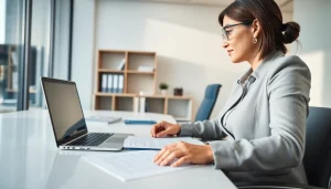 Sworn translator at work, delivering certified translations in a modern office.