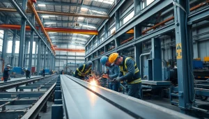 Visualize structural steel fabrication with skilled workers and equipment in an industrial setting.