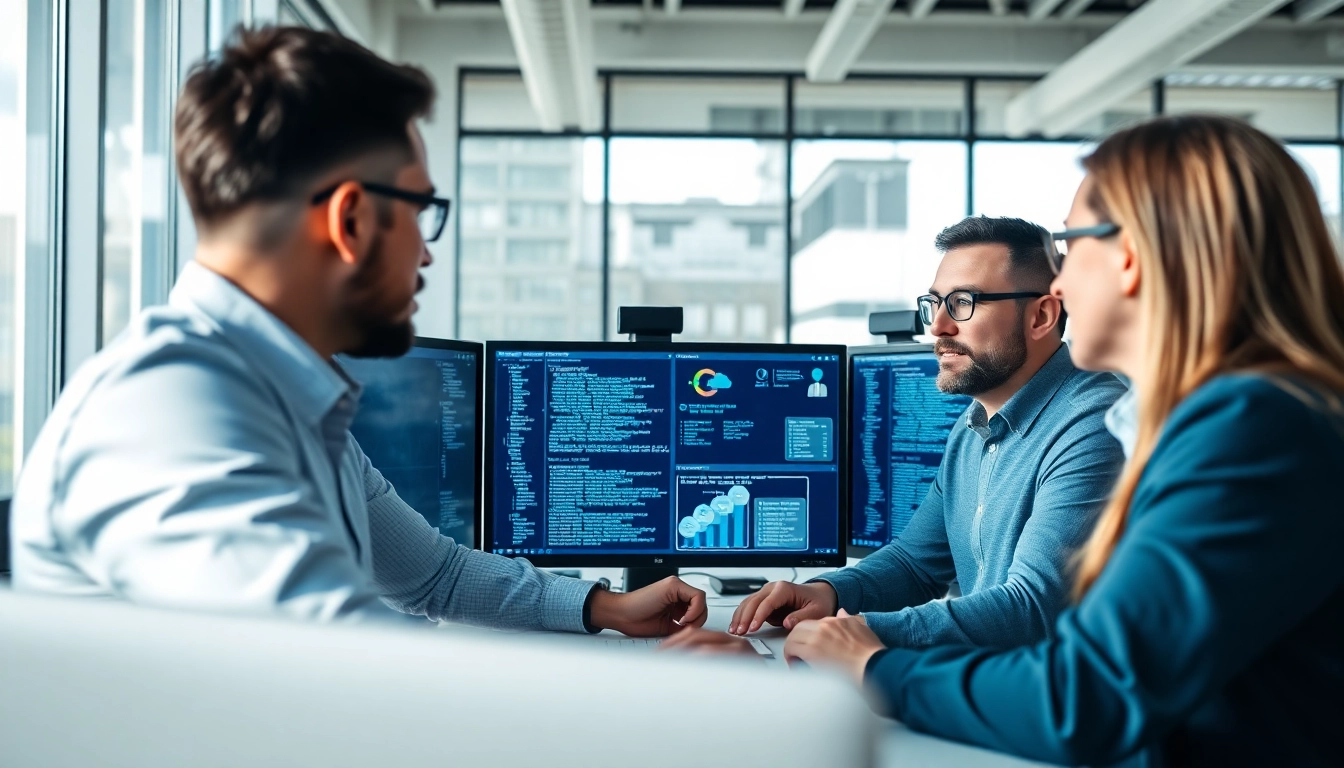 Hire .Net cloud developers collaborating in a modern office environment with dual-monitor setups.