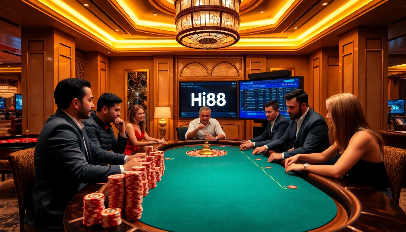 Excited players enjoying poker at Hi88 casino, surrounded by colorful poker chips and a roulette wheel.