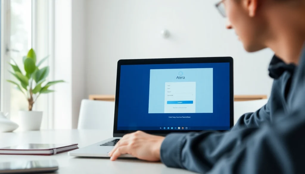 Atera login screen displayed on a laptop in a well-lit office setting with a user engaged.