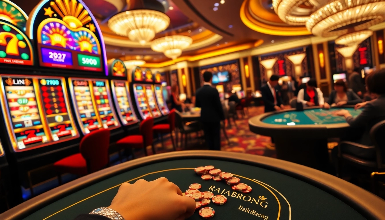 RAJABARONG casino scene with vibrant slot machines and poker chips in action.