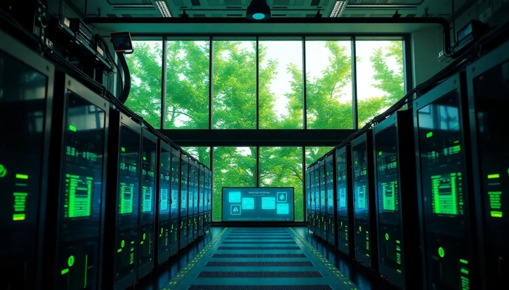 Crypto mining facility with AI-driven rigs and renewable energy panels showcasing sustainable technology.