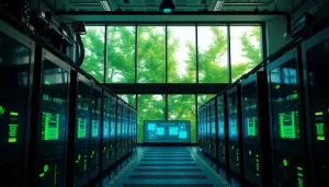 Crypto mining facility with AI-driven rigs and renewable energy panels showcasing sustainable technology.