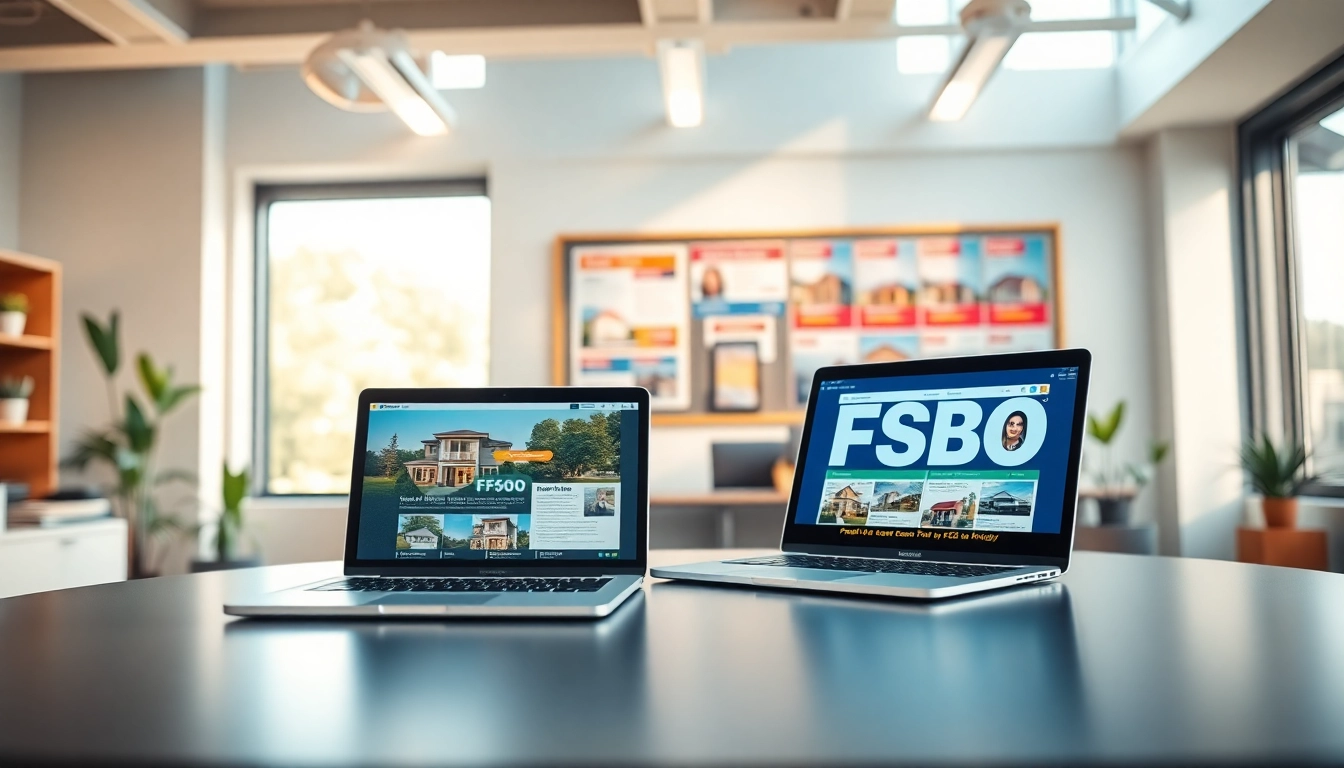 View of FSBO listings displayed by a real estate agent in a modern office environment.
