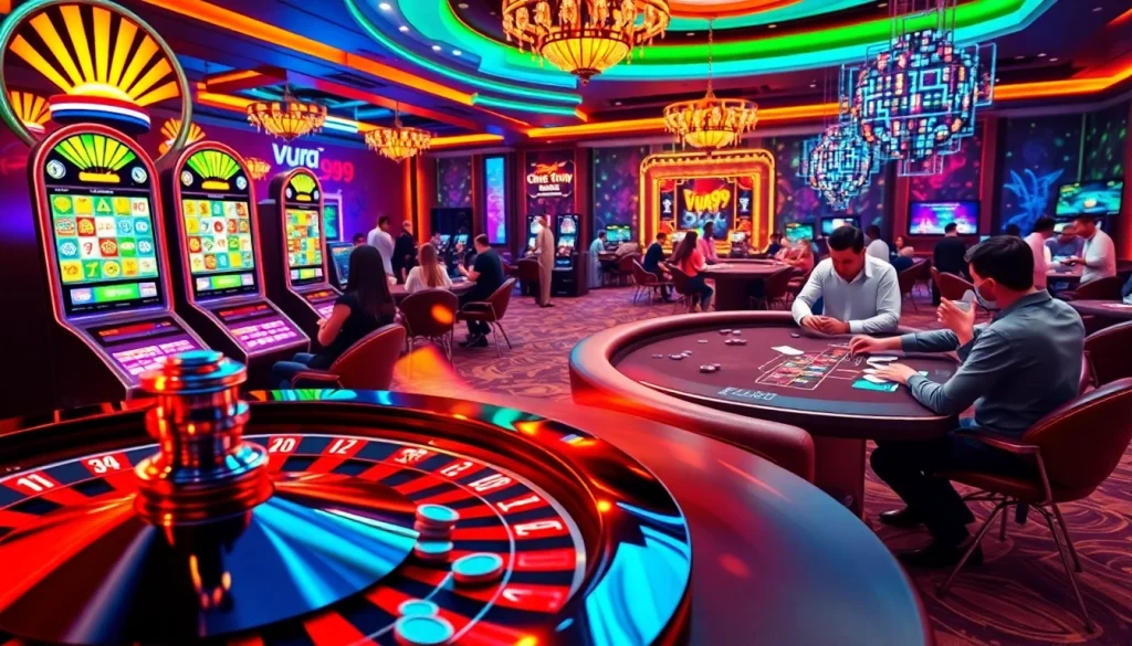 Exciting online gambling experience with a vibrant casino atmosphere at vua99, featuring roulette and poker tables.