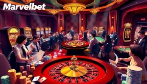 Marvelbet casino scene with players enjoying poker and roulette amidst vibrant decor.