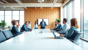 Engage in a professional business discussion with diverse individuals in a modern office.