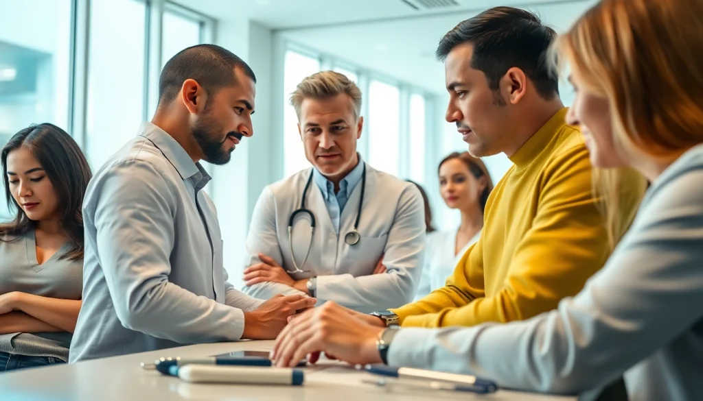 Consultation at a hair transplant london clinic with a surgeon and a patient, emphasizing professionalism.