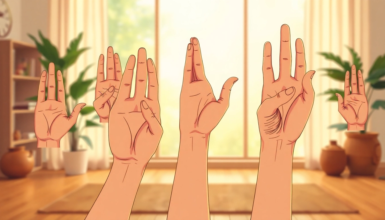 Practicing Yoga mudras with beautifully illustrated hands showing various hand positions in a serene interior.