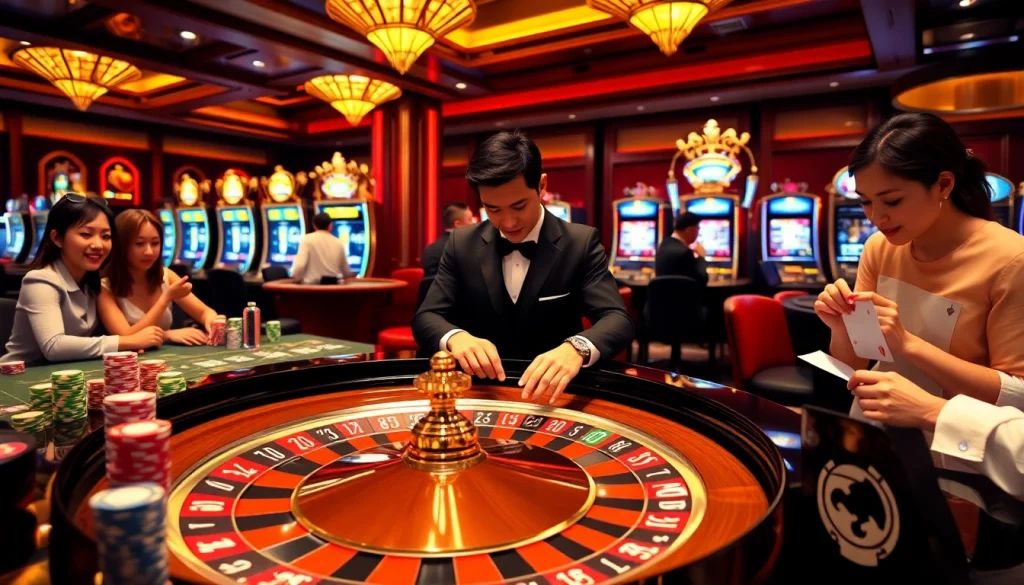 Xem chi tiết the vibrant gaming experience at a luxury casino with roulette and high-stakes action.