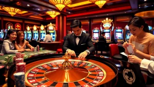 Xem chi tiết the vibrant gaming experience at a luxury casino with roulette and high-stakes action.